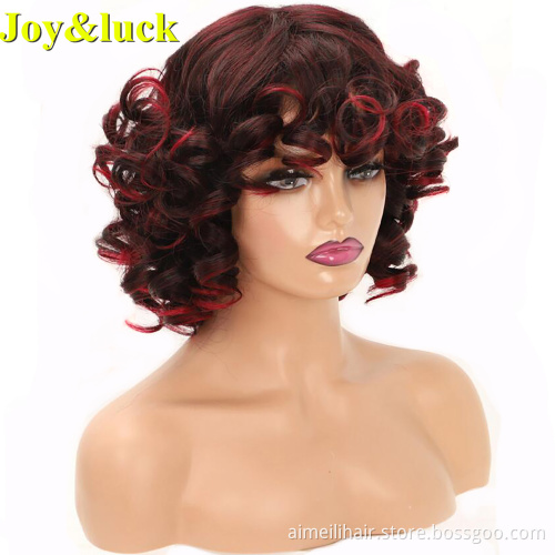 African Ladies Wholesale Hair Wigs With Bangs Spring Curl Mid-length Ombre Red Color Natural Curly Synthetic Full Hair Wigs